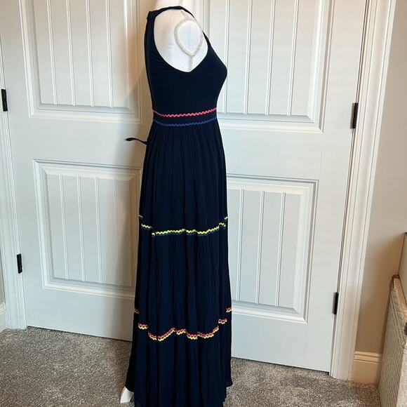 Modcloth Women's Size 2 XS Yes to Festive Maxi Dress Navy Gauze RicRac Tiered - Picture 10 of 16